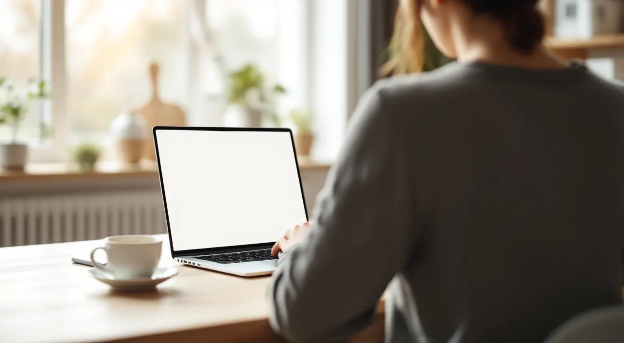 Blick über die Schulter auf einen Laptop am hellen Holztisch, daneben eine Tasse Tee