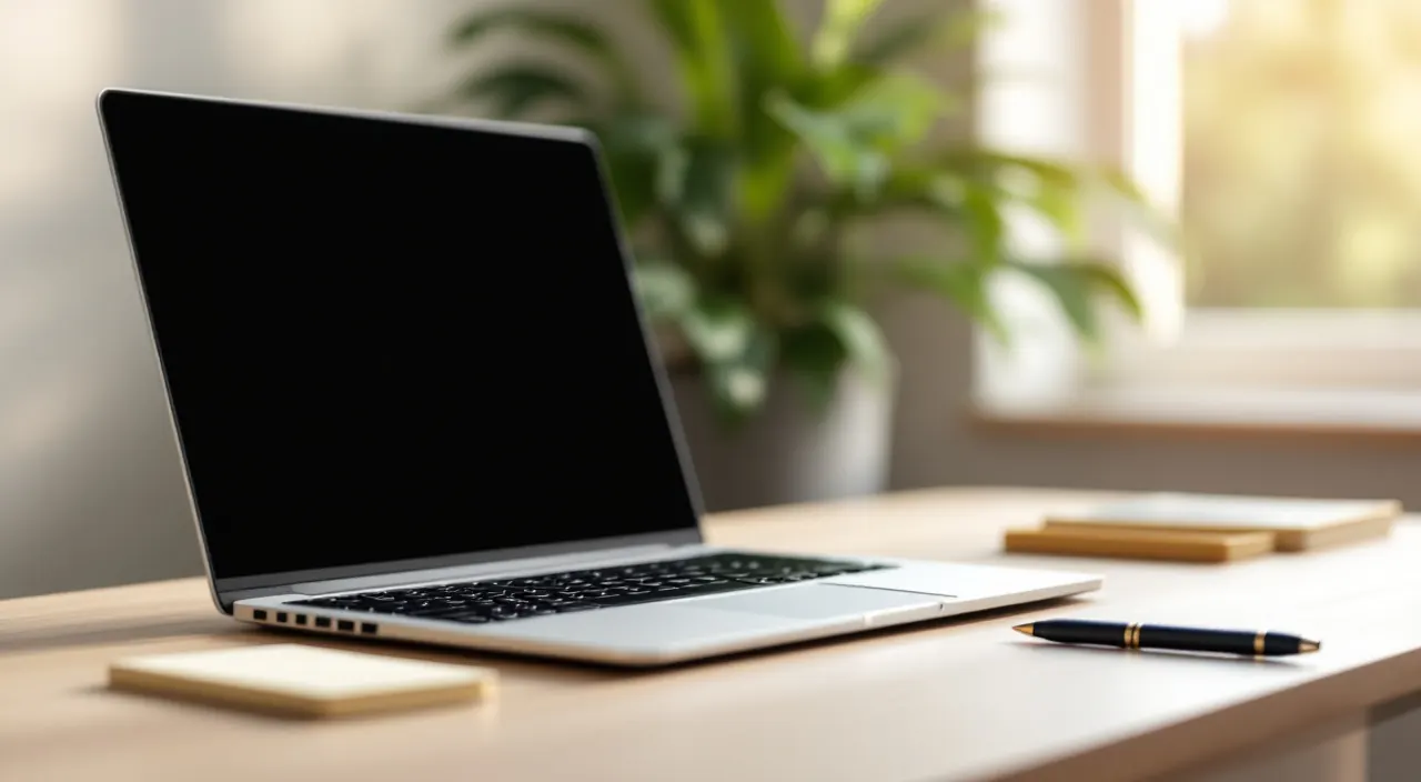 Laptop auf einem aufgeräumten Schreibtisch neben einem leeren Notizblock und einem Stift