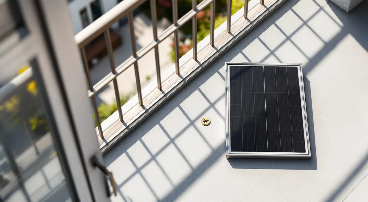 Blick von oben auf ein Solarmodul am Balkongeländer in der Mittagssonne