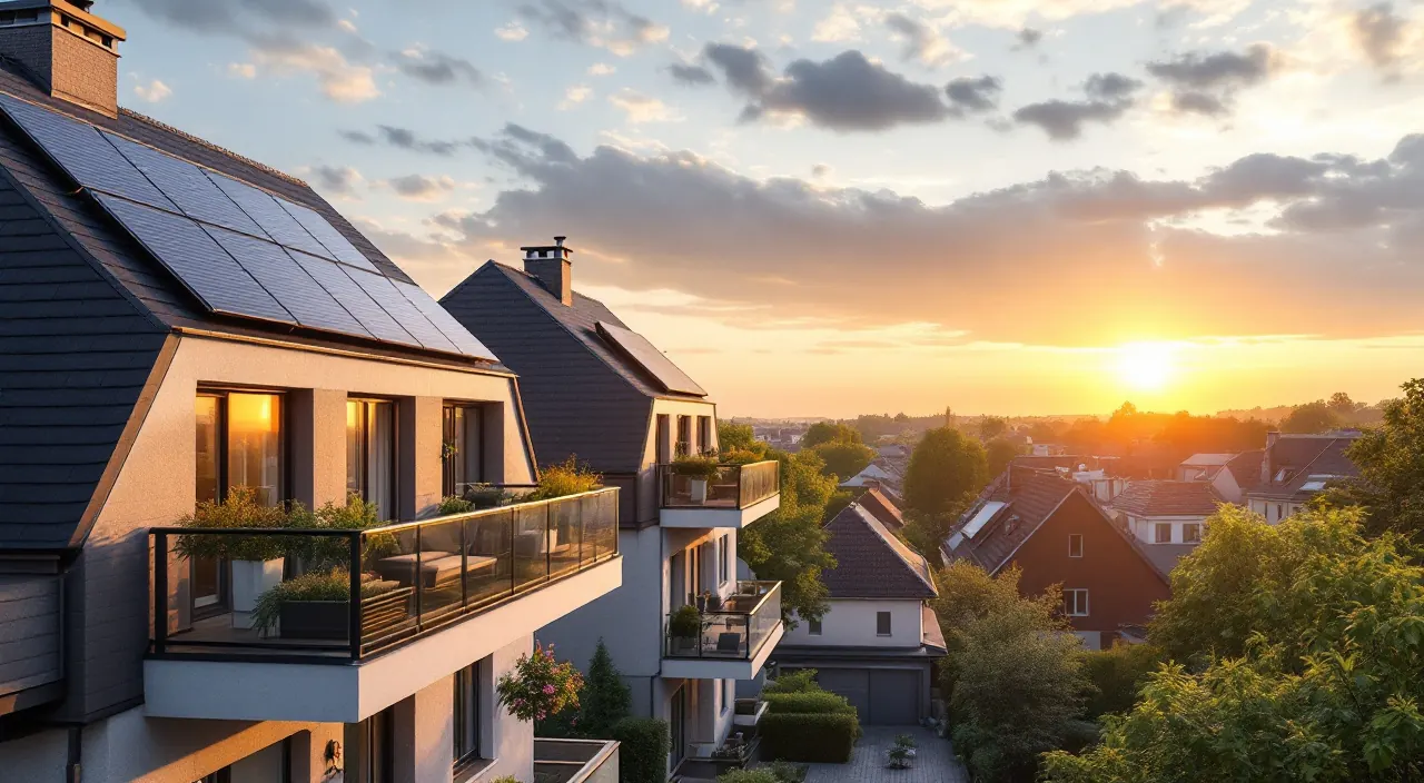 Weiter Blick über ein Wohnviertel im Sonnenaufgang, mehrere Balkone tragen unterschiedlich geneigte Solarmodule