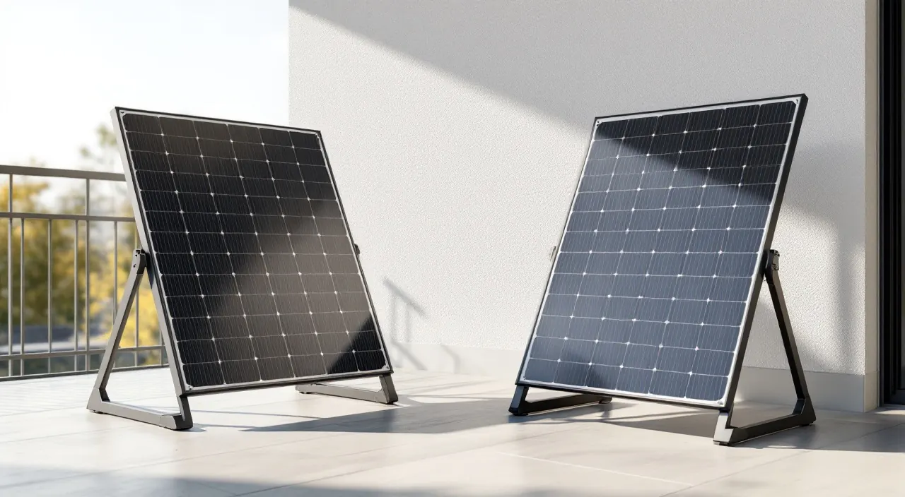 Zwei aufgeständerte Solarmodule auf dem Balkonboden, in entgegengesetzte Richtungen geneigt