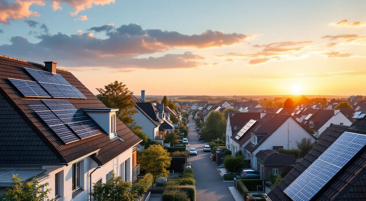 Blick über ein Wohnviertel bei Sonnenuntergang, viele Dächer und Balkone tragen Solarmodule