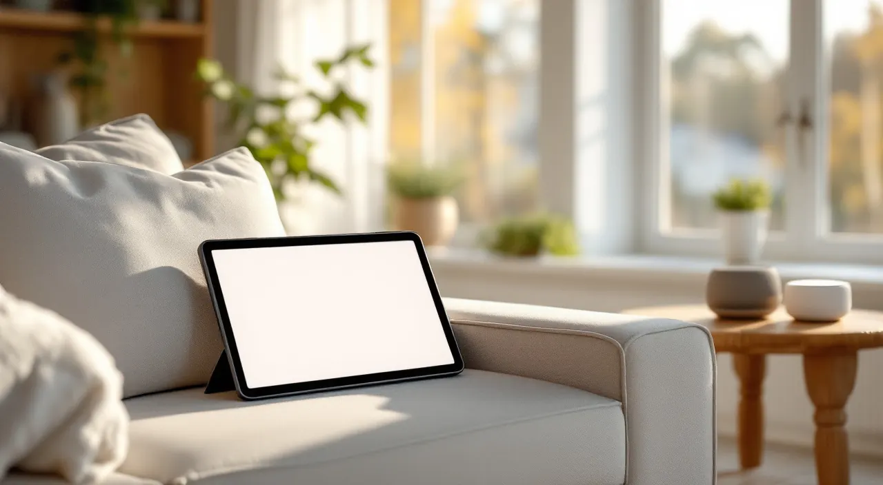 Helles modernes Wohnzimmer mit einem Tablet auf der Sofalehne und einem kleinen Lautsprecher im Regal
