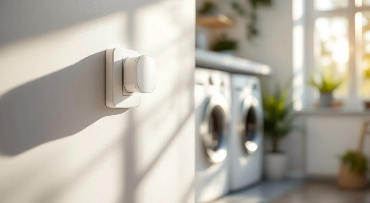 Weiße Smart-Steckdose in der Wandsteckdose, dahinter unscharf eine Waschmaschine