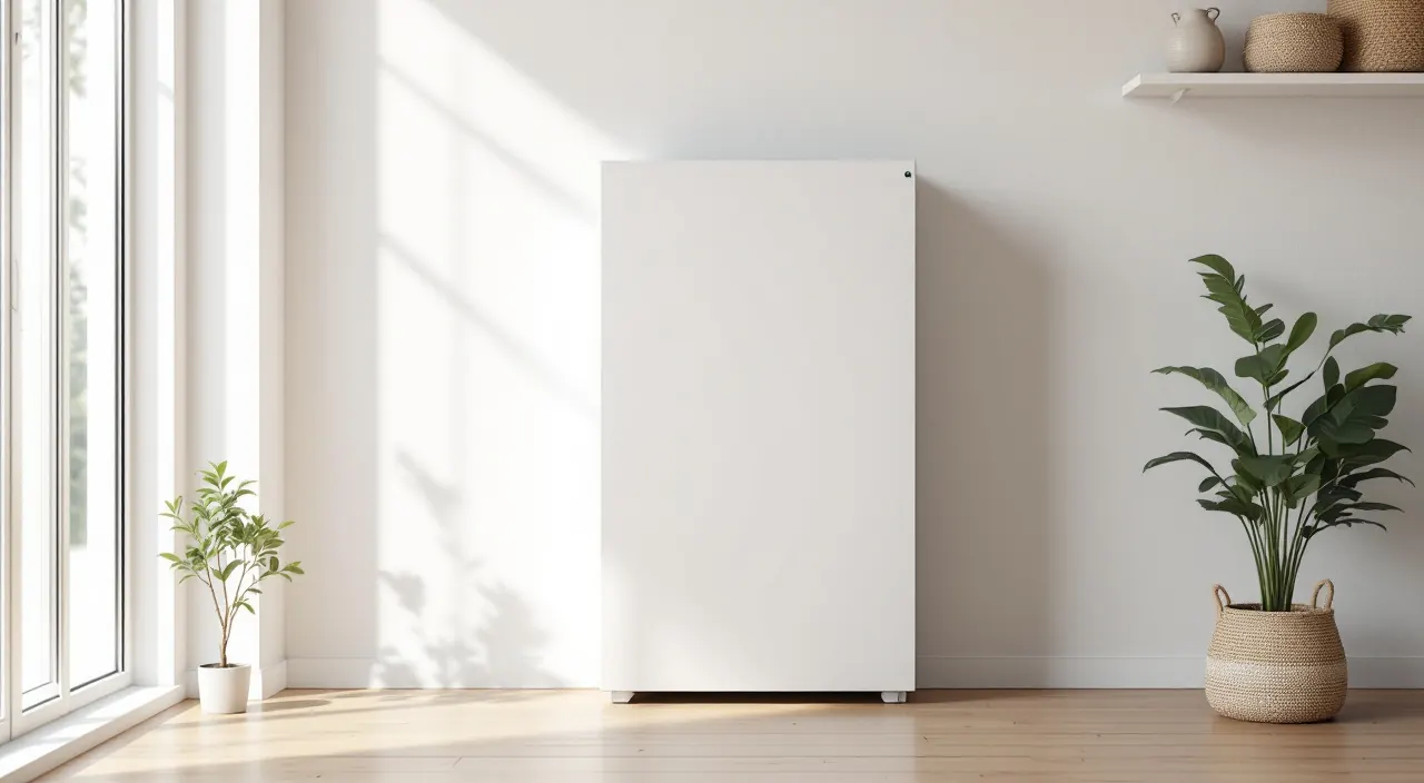 Weißer Batteriespeicher an einer hellen Wand in einem sauberen Hauswirtschaftsraum