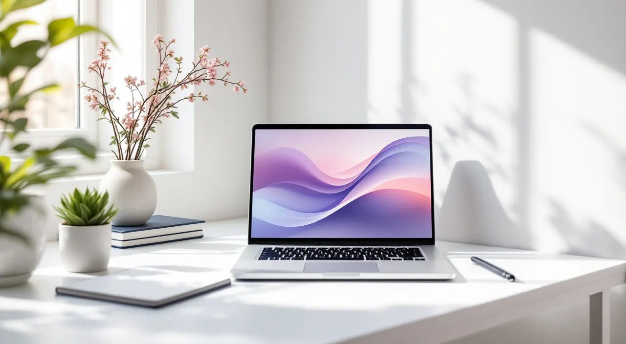 Laptop auf einem weißen Schreibtisch, daneben ein leerer Notizblock und ein Stift