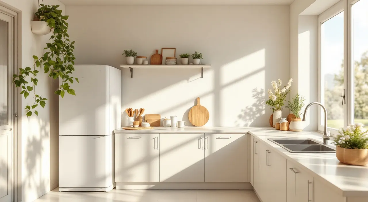 Helle moderne Küche im Morgenlicht mit Kühlschrank, Wasserkocher und aufgeräumten Arbeitsflächen