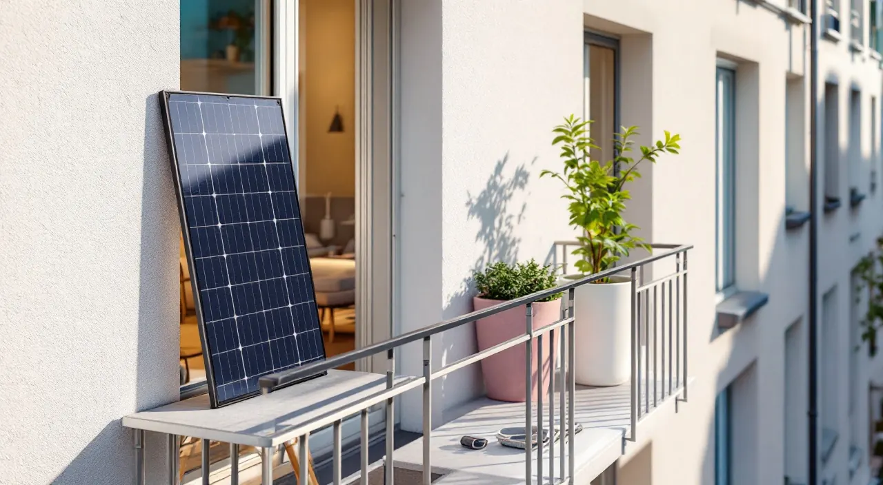Solarmodul am Balkon eines Mehrfamilienhauses in der Sonne