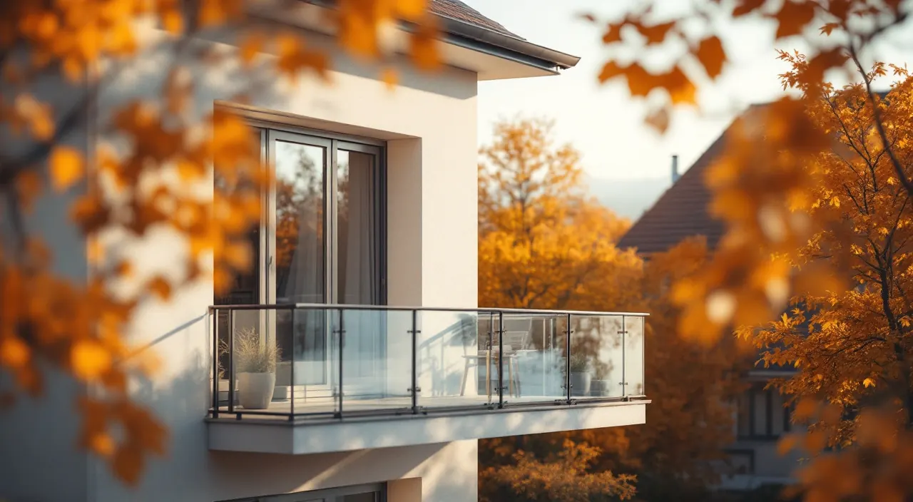 Balkon mit zwei Solarmodulen im herbstlichen Nachmittagslicht, ringsum gelb gefärbte Bäume