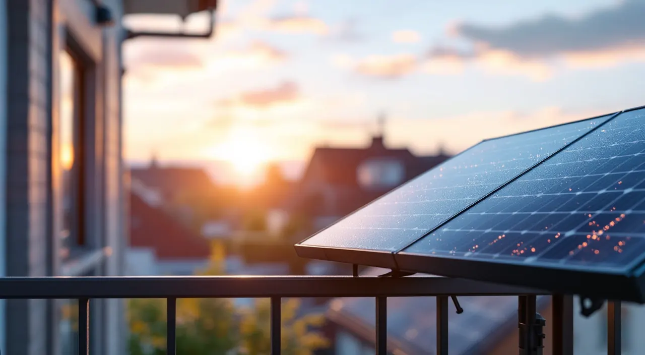 Solarmodul am Balkongeländer im tief stehenden Sonnenlicht
