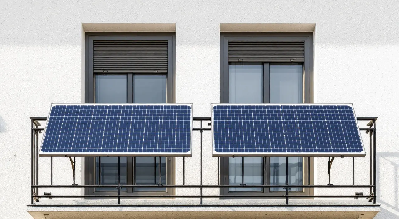 Zwei Solarmodule nebeneinander am Balkongeländer, frontal aufgenommen