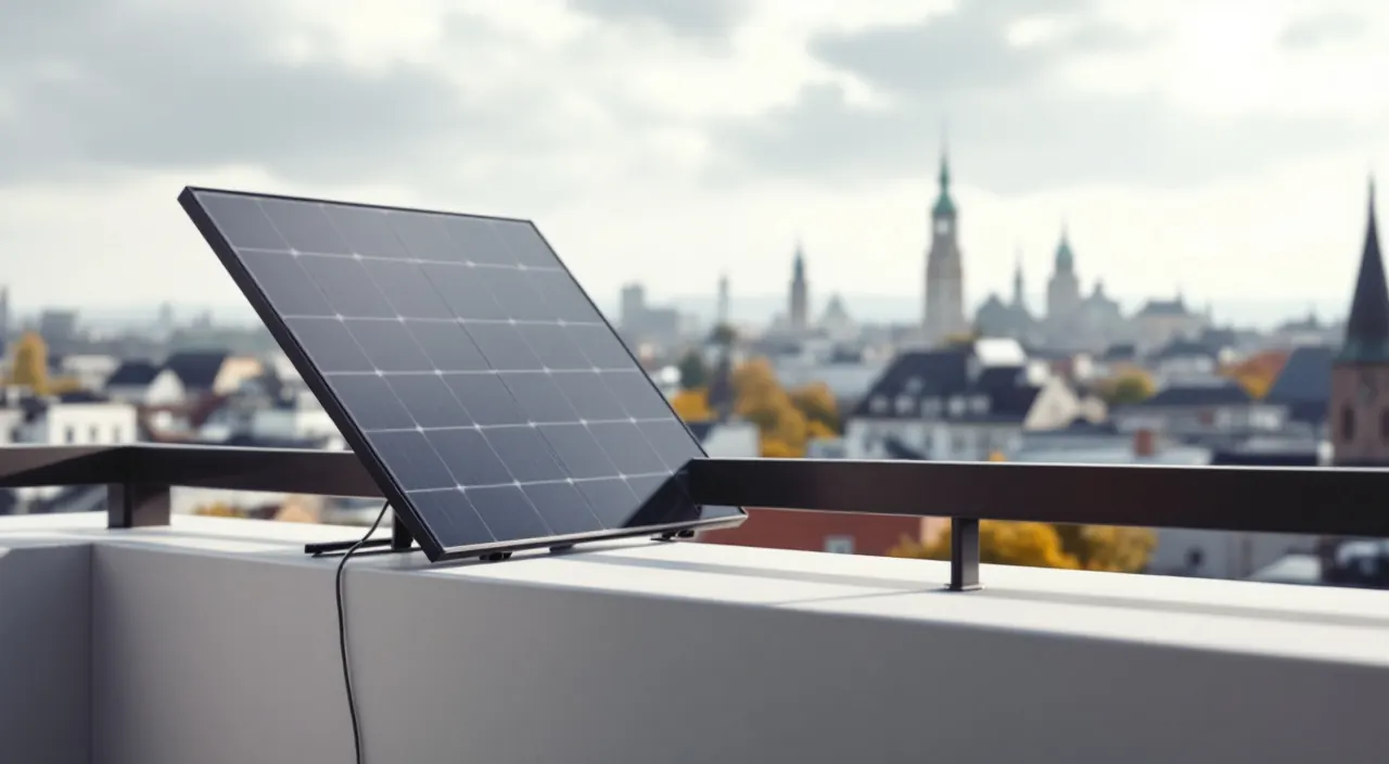 Solarmodul auf einer Dachterrasse bei diesigem, bedecktem Wetter über der Stadt