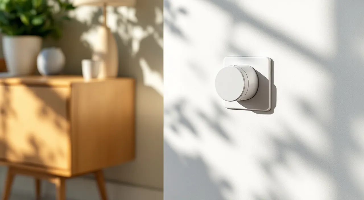 Kleines weißes Energiemessgerät steckt in einer Wandsteckdose in einem hellen Wohnraum