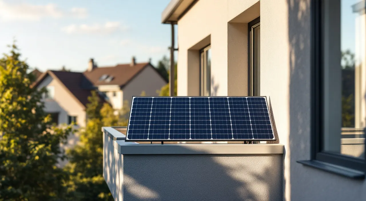 Solarmodul am Balkon eines Wohnhauses, teilweise im Schatten der Nachbarbebauung