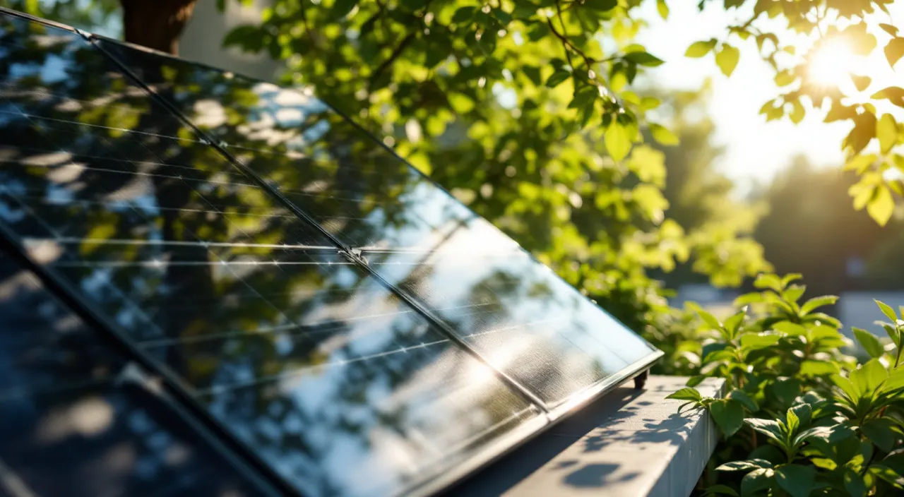 Weiche Blattschatten eines Baumes fallen auf die Glasfläche eines Solarmoduls