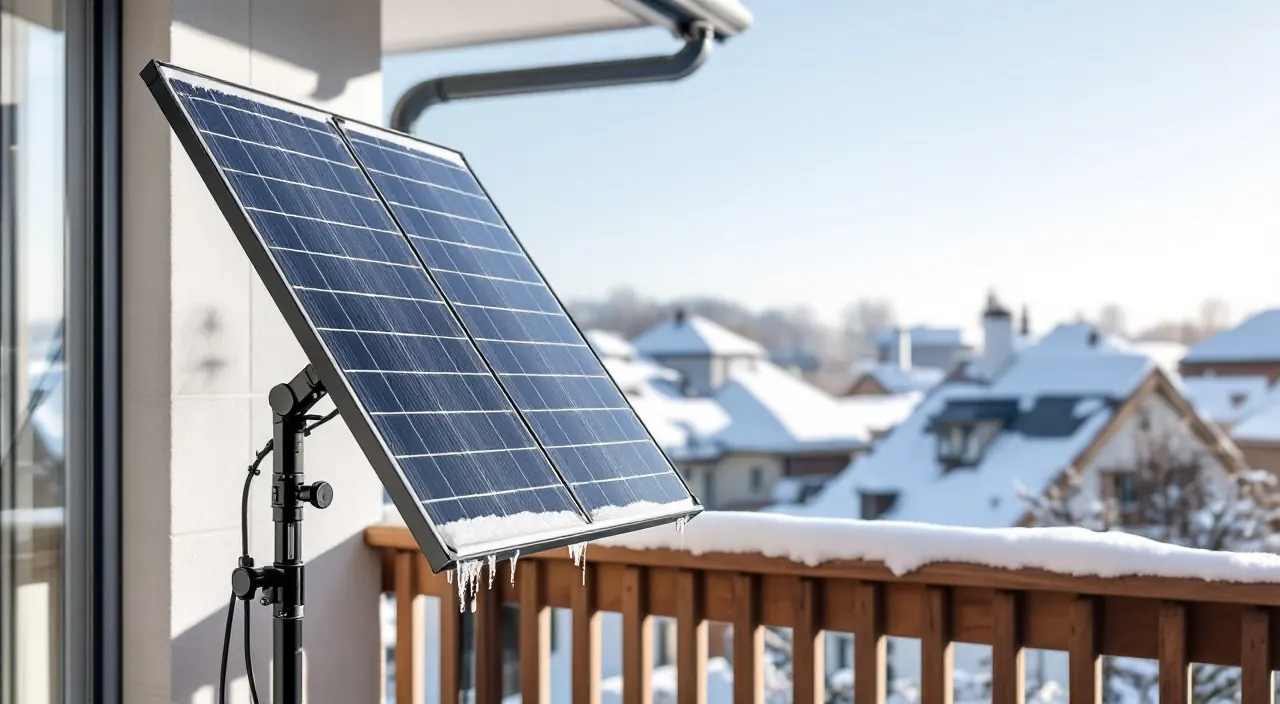 Steil aufgestelltes Solarmodul auf einem verschneiten Balkon, Schnee rutscht an der Unterkante ab