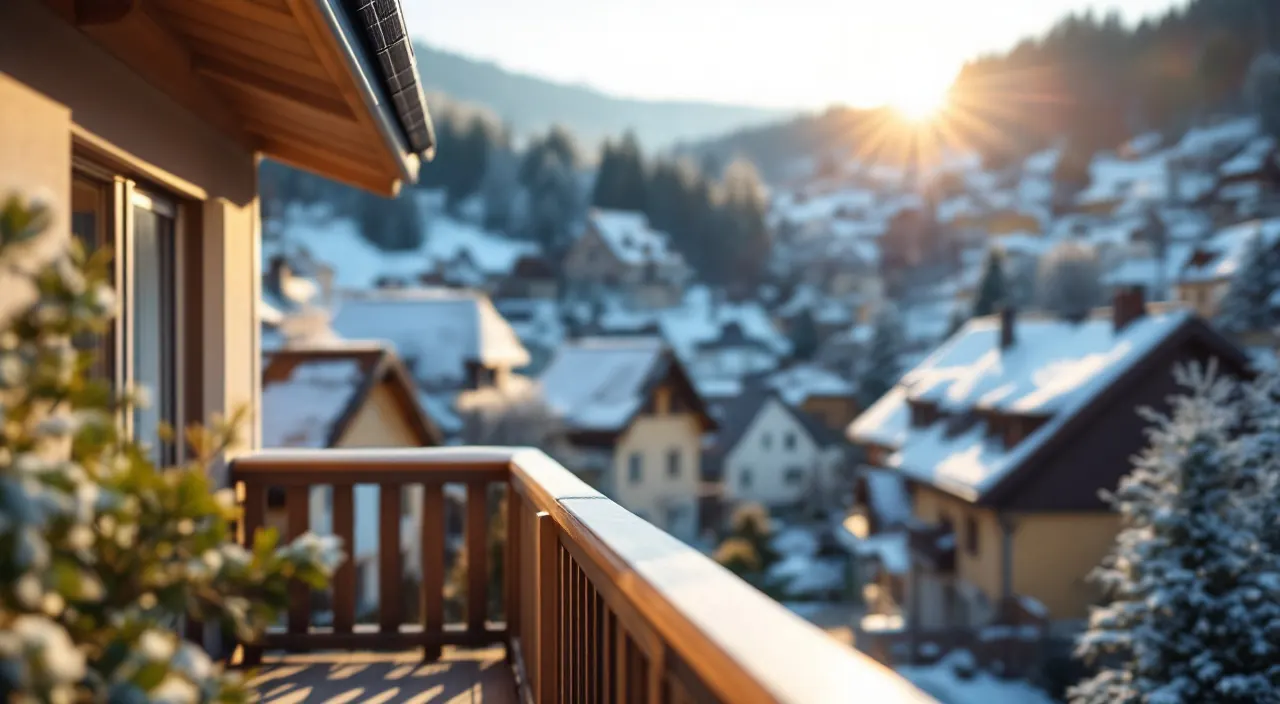 Balkon mit Solarmodul an einem klaren Wintermorgen über einer süddeutschen Kleinstadt