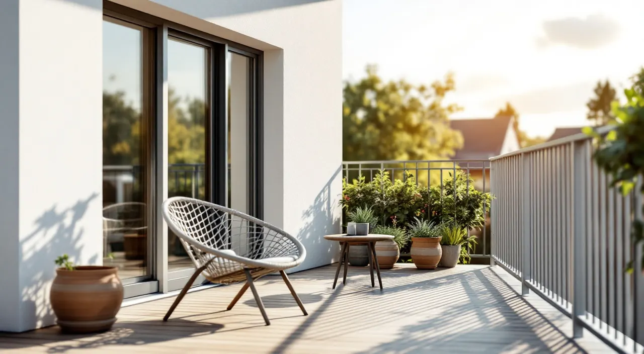 Sonniger Balkon mit Sitzplatz, Pflanzen und Geländer