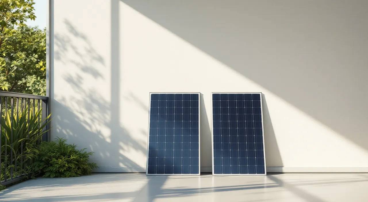 Zwei Solarmodule lehnen nebeneinander an einer hellen Balkonwand
