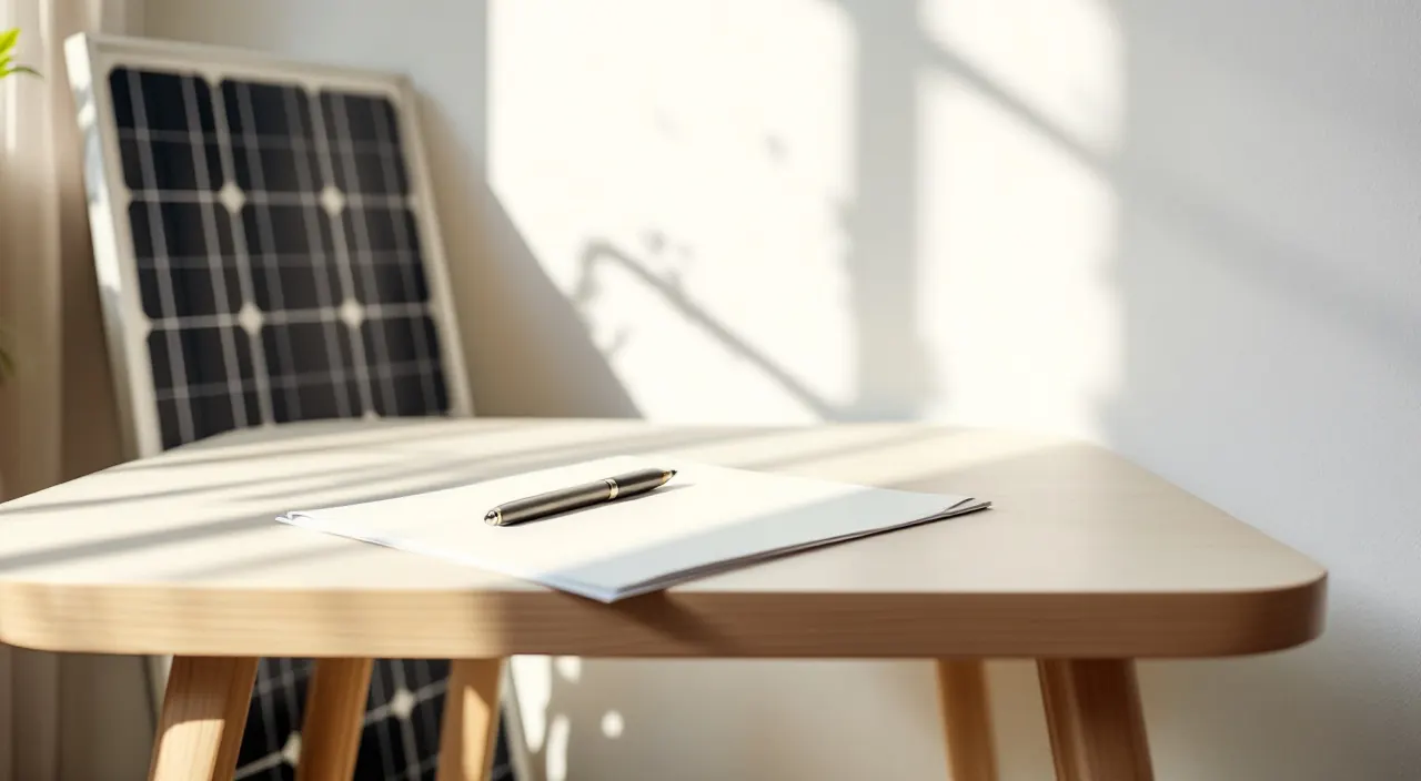 Geschlossene Mappe und ein Stift auf einem Holztisch, daneben lehnt die Ecke eines Solarmoduls