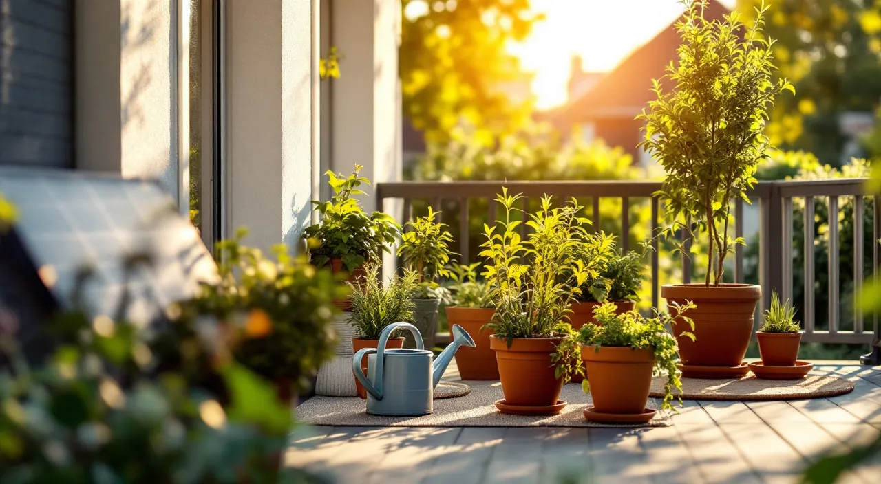 Sonniger Balkon mit Kräutertöpfen aus Terrakotta und einer Gießkanne