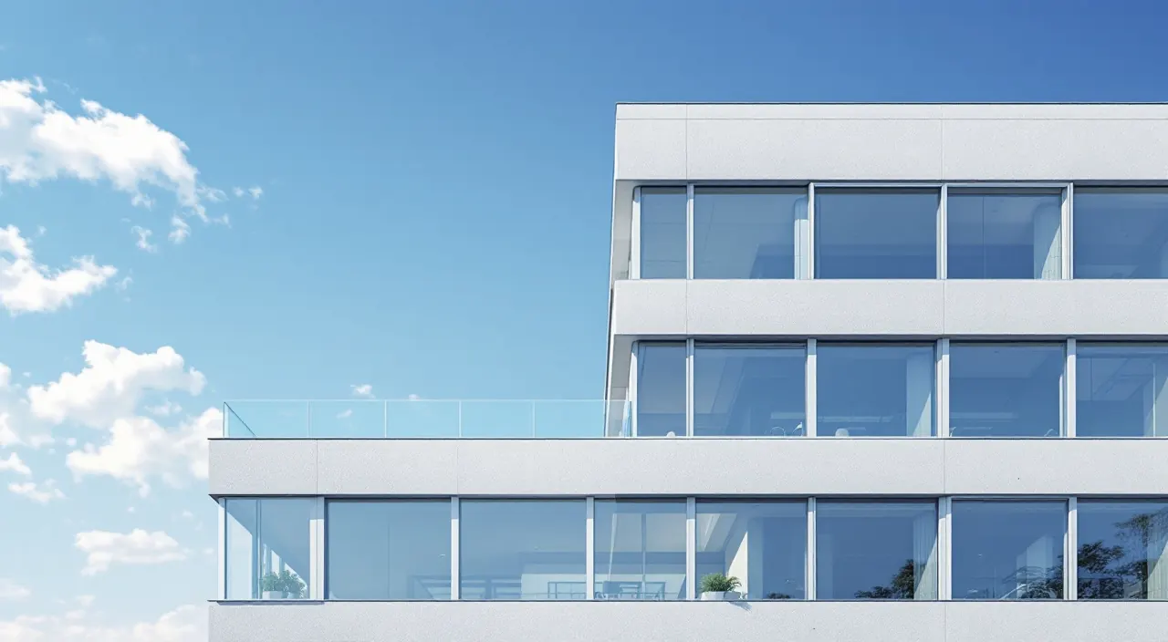 Modernes Verwaltungsgebäude aus Glas und Beton von unten gegen den blauen Himmel fotografiert