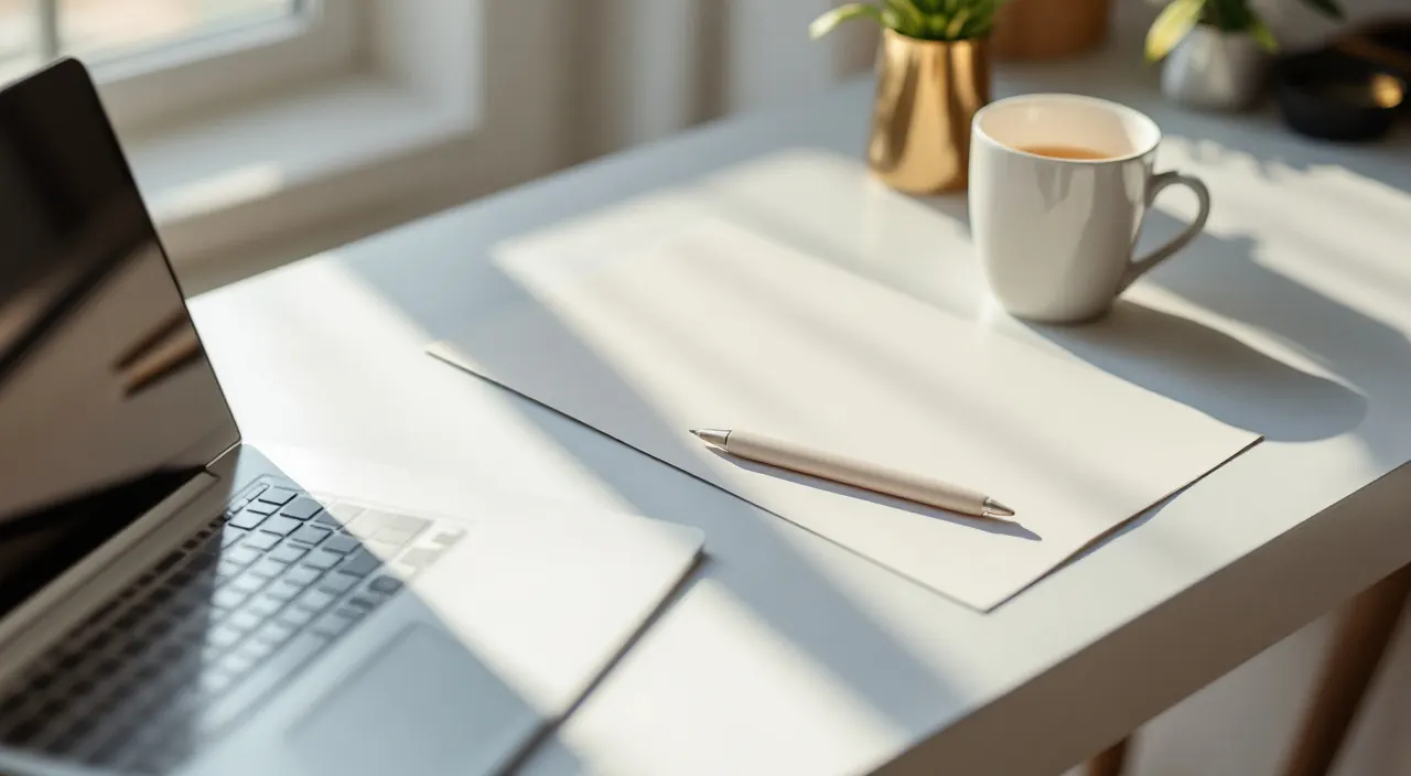 Laptop und ein leeres Formular nebeneinander auf einem hellen Schreibtisch, darauf ein Stift
