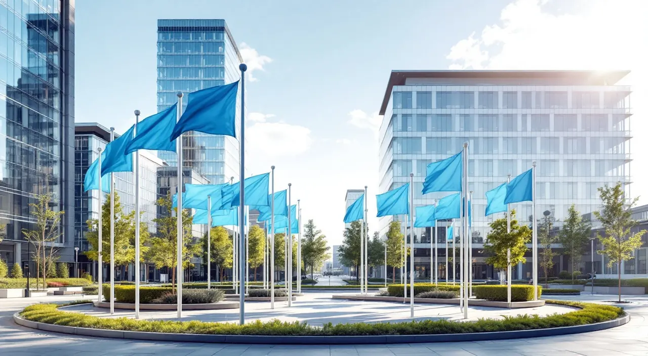 Moderner europäischer Platz mit Glasbauten und einem Kreis blauer Fahnen