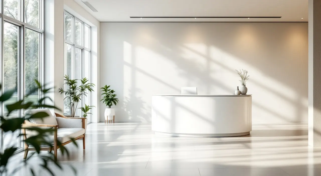 Helles modernes Bankfoyer mit schlichtem Empfangstresen und großen Fenstern
