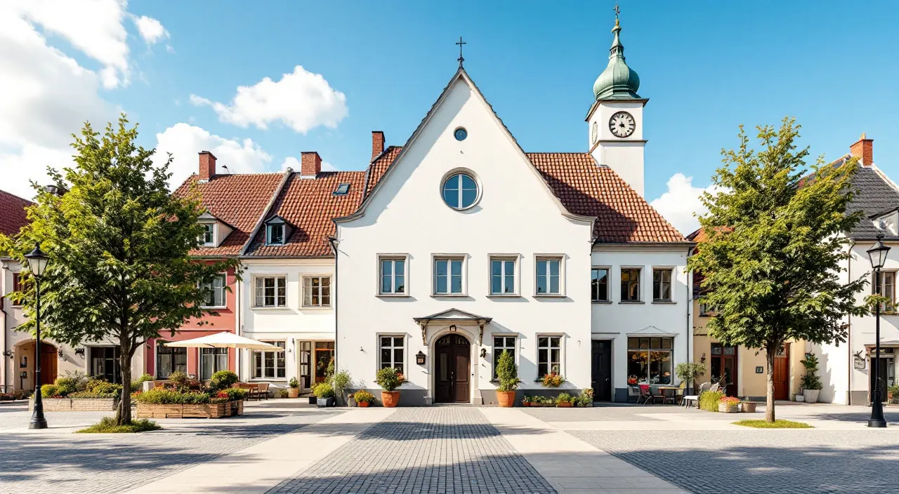 Kleines Rathaus mit Uhrturm an einem sonnigen Marktplatz mit Kopfsteinpflaster