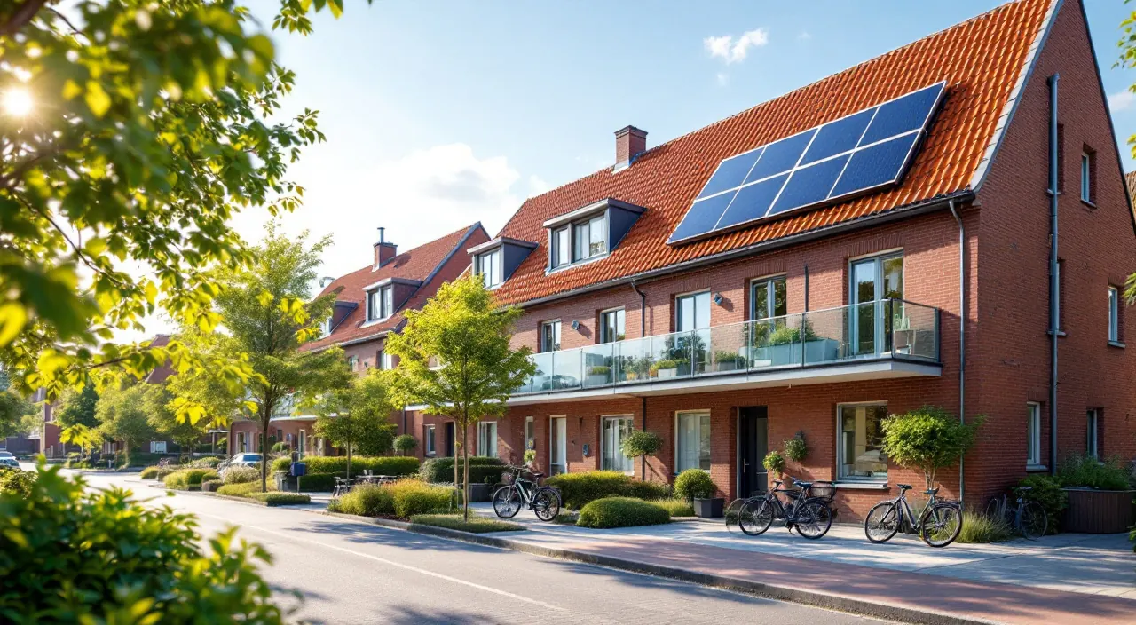 Backsteinhäuserzeile in Westdeutschland, an einem Balkon hängen zwei Solarmodule