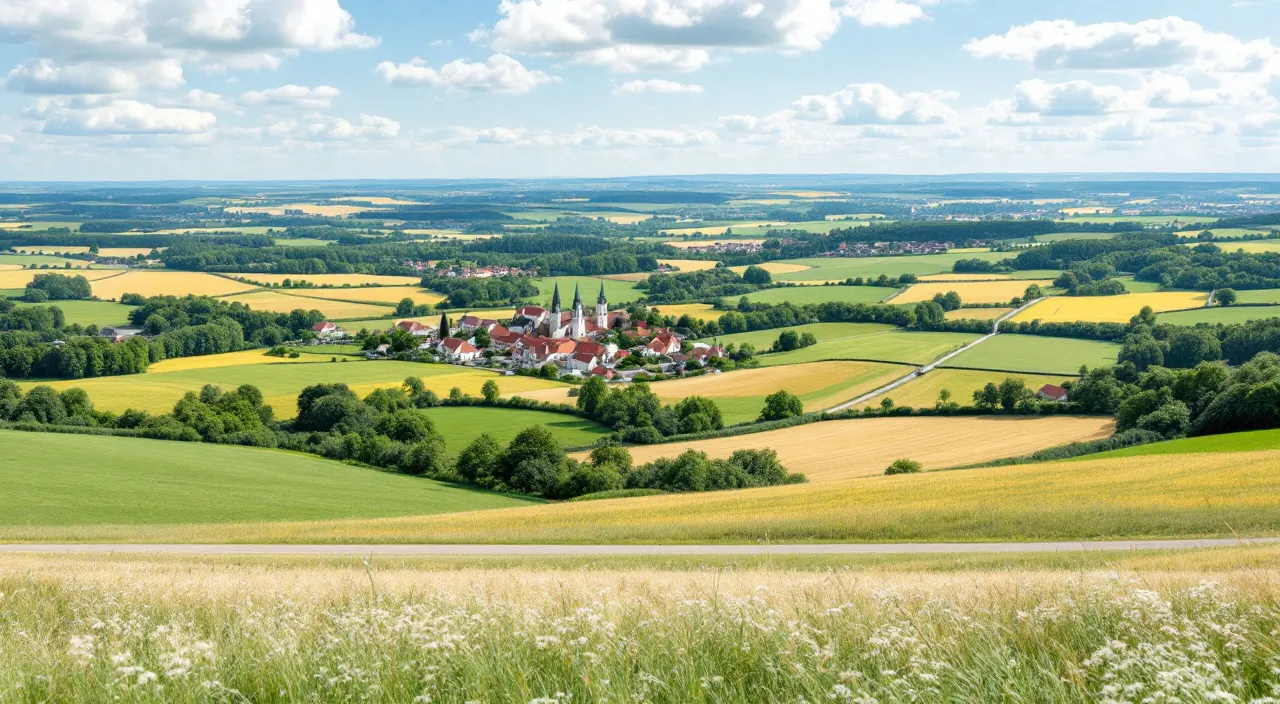 Weite Landschaft von einer Anhöhe: grüne und goldene Felder, zwei Dörfer mit roten Dächern, dahinter bewaldete Hügel