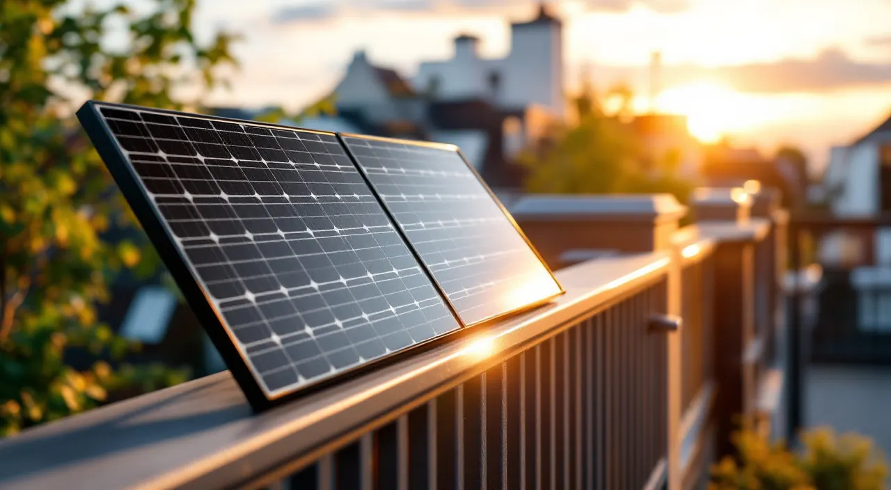 Solarmodul am Balkongeländer, dessen Glasfläche das tiefe Nachmittagslicht reflektiert