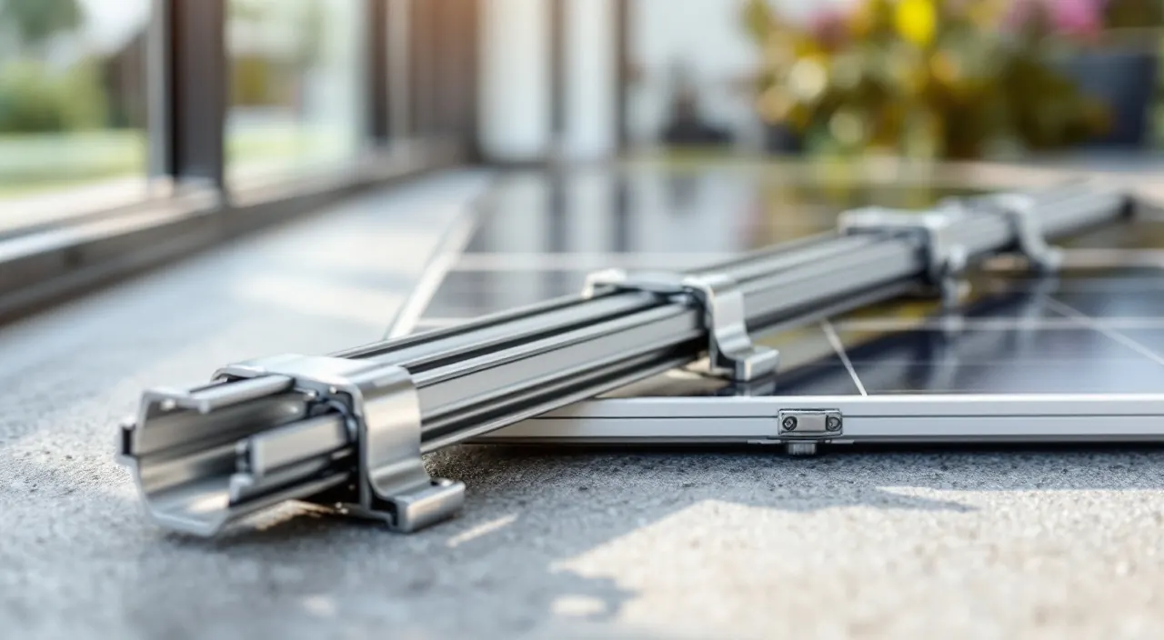 Aluminium-Montageschienen und Edelstahlklemmen liegen auf dem Balkonboden neben einem Solarmodul