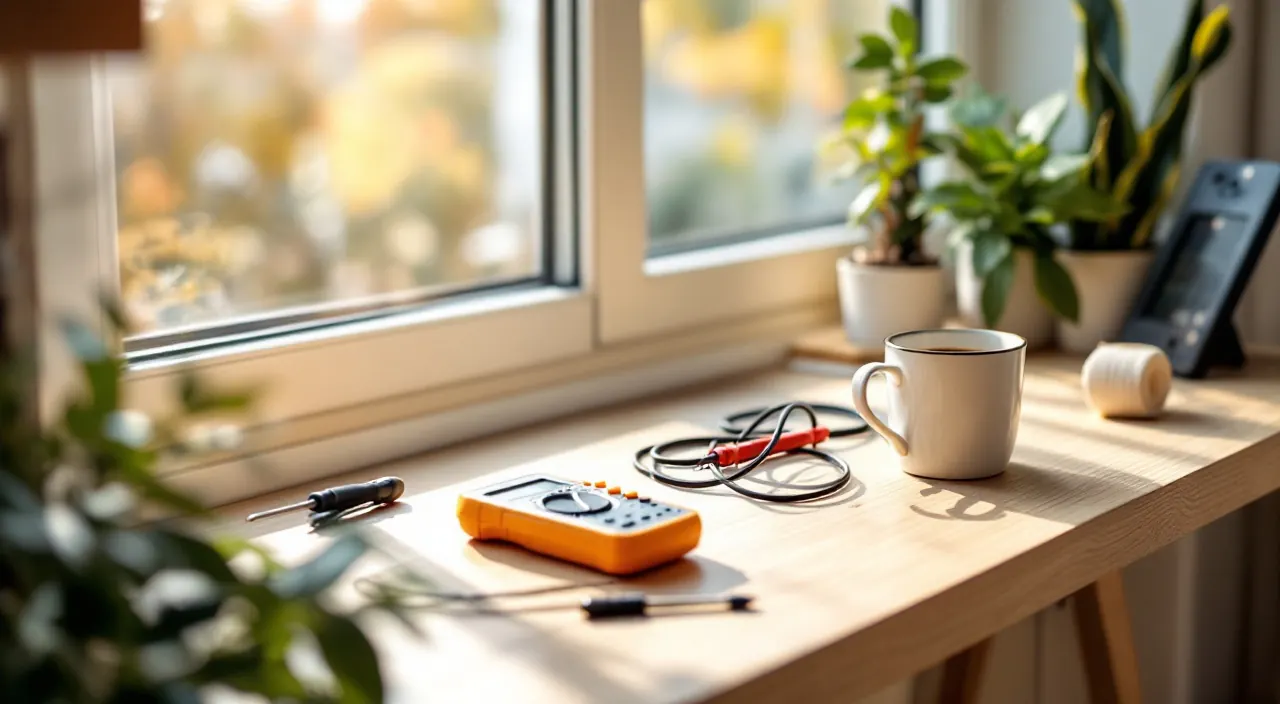Aufgeräumte Werkbank am Fenster mit Multimeter, aufgerolltem Gummikabel und Schraubendreher-Set