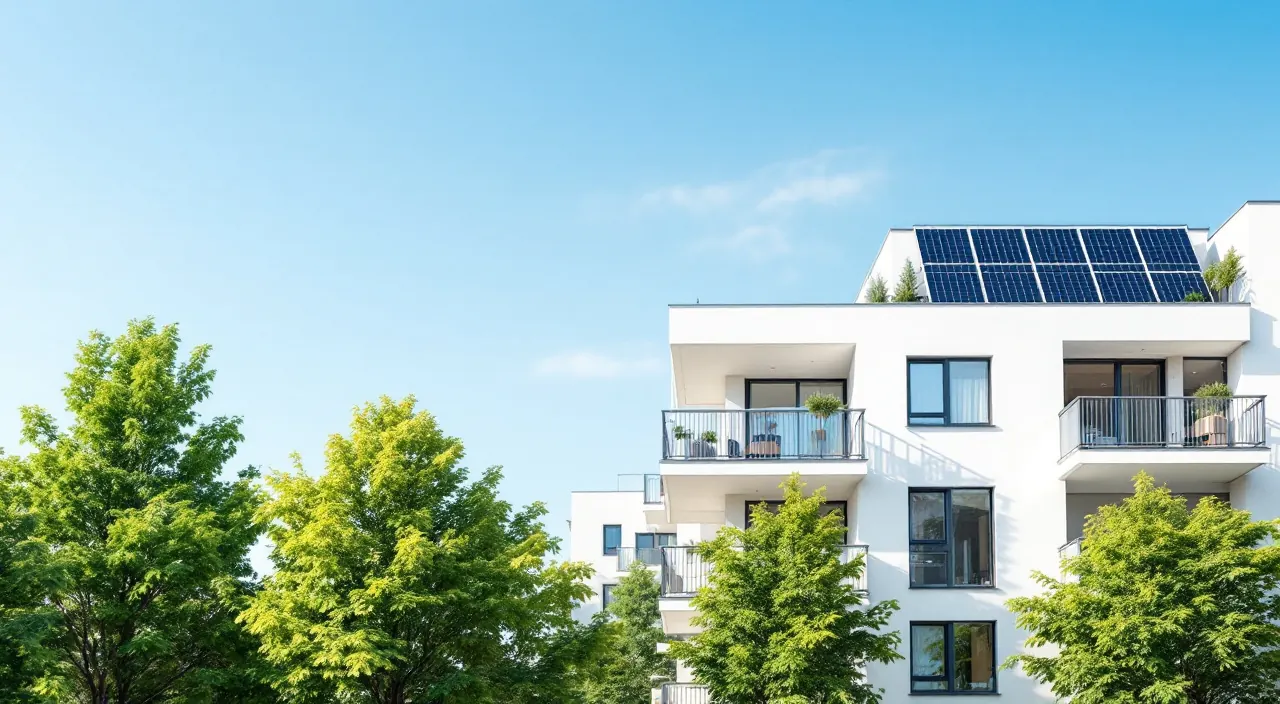 Mehrgeschossiges Wohnhaus mit Solarmodulen auf Dach und Balkonen