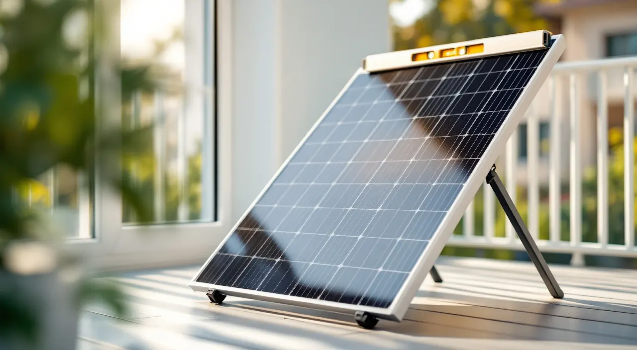 Geneigtes Solarmodul auf dem Balkon, auf dem oberen Rahmen liegt eine Wasserwaage