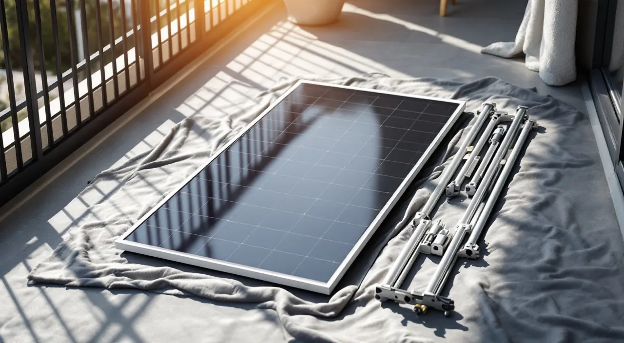 Solarmodul liegt mit der Glasseite nach unten auf einer Decke, daneben aufgereihte Schienen und Klemmen
