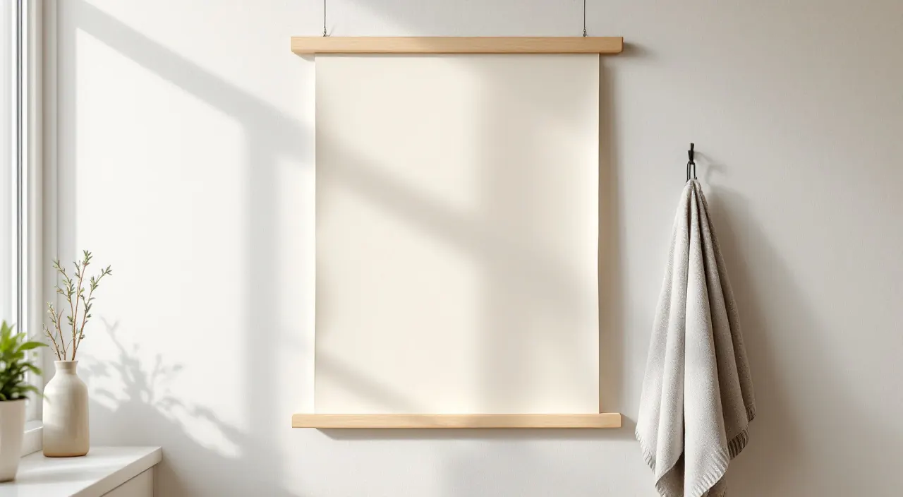 Leerer cremefarbener Papierbogen hängt an einer Holzleiste an der Küchenwand, daneben ein Tuch