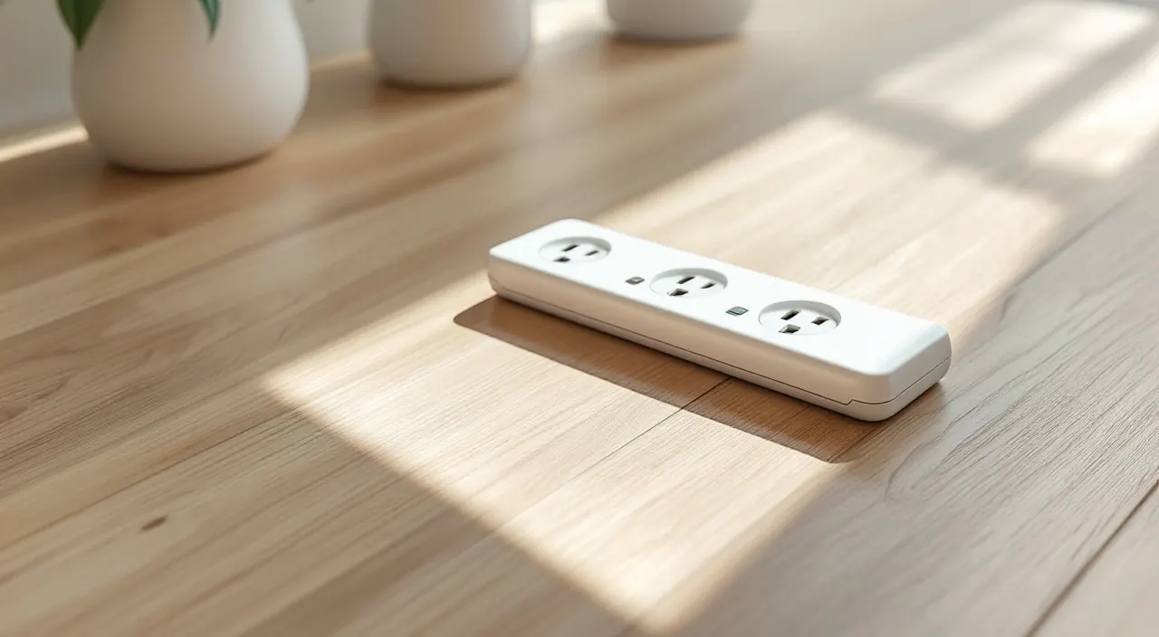 Weiße Mehrfachsteckdose mit drei runden Schuko-Einsätzen liegt auf einem Holzboden
