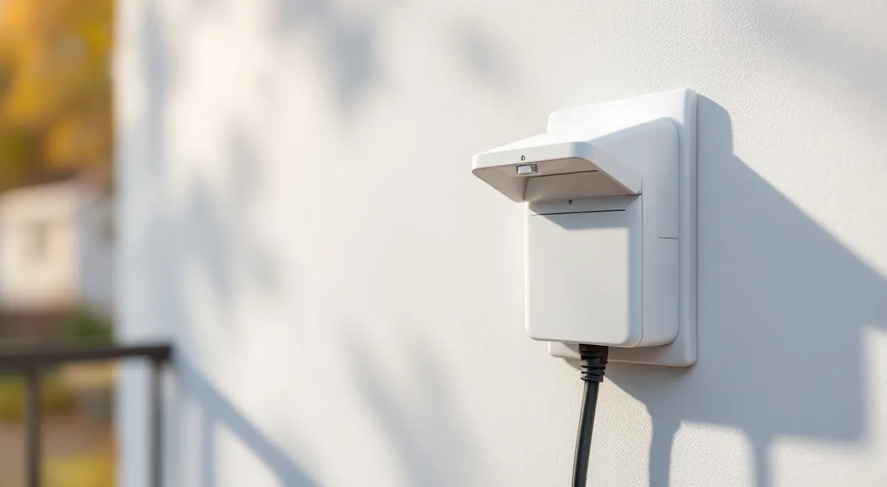 Weiße Außensteckdose mit geschlossenem Klappdeckel an einer Balkonwand, darunter ein Kabel