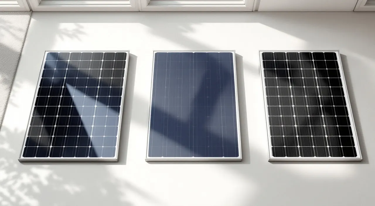 Drei verschiedene Solarmodule nebeneinander von oben: tiefschwarz, dunkelblau mit Zellraster und mit hellem Rahmen