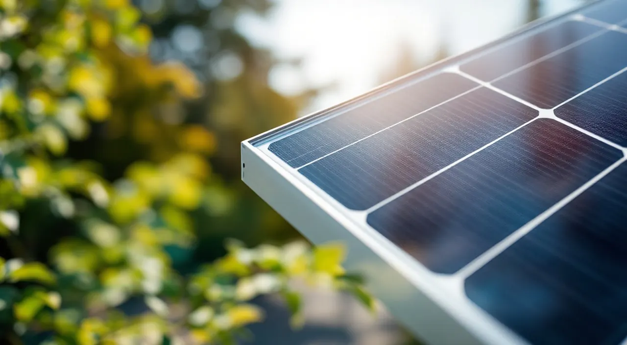 Makroaufnahme der Ecke eines Solarmoduls mit Aluminiumrahmen und der Zellstruktur unter dem Glas
