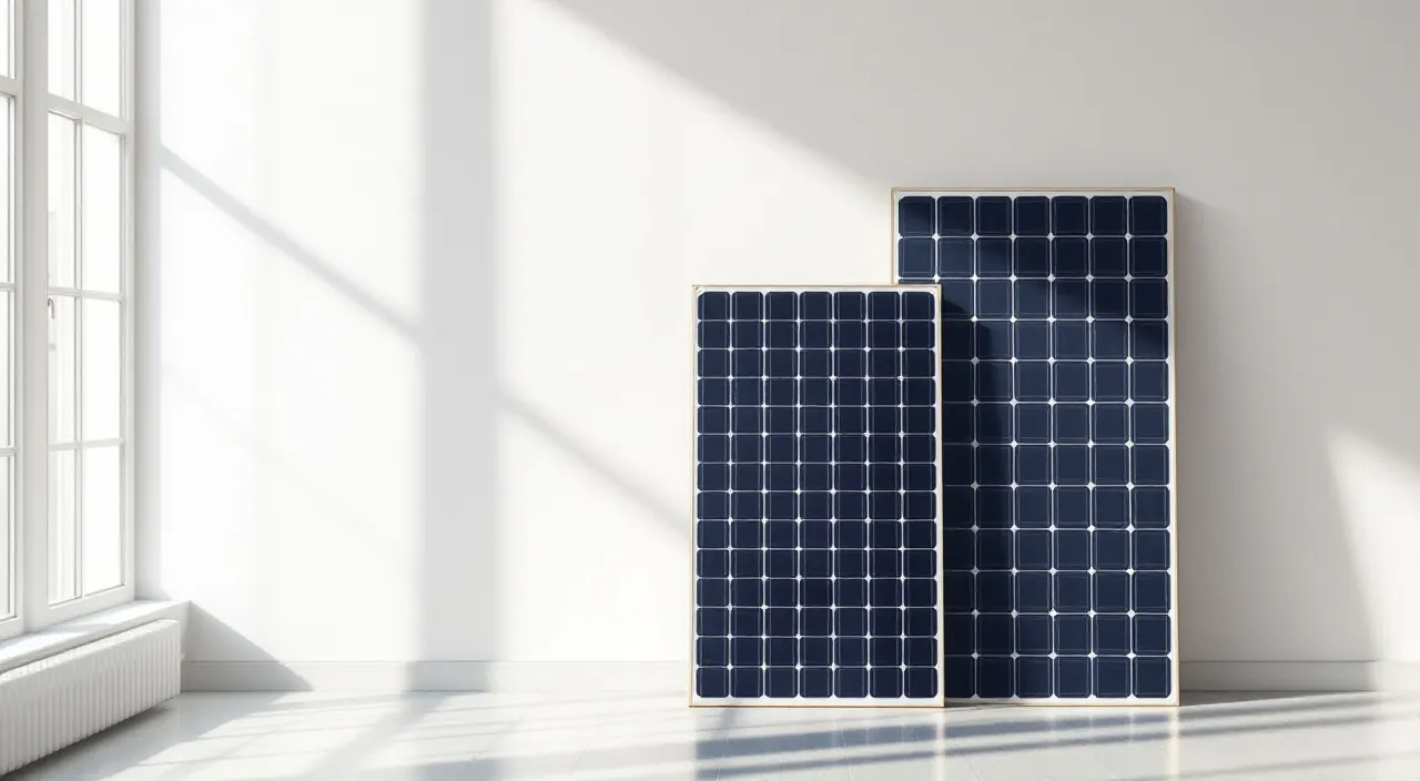 Zwei unterschiedlich große Solarmodule stehen nebeneinander vor einer hellen Wand