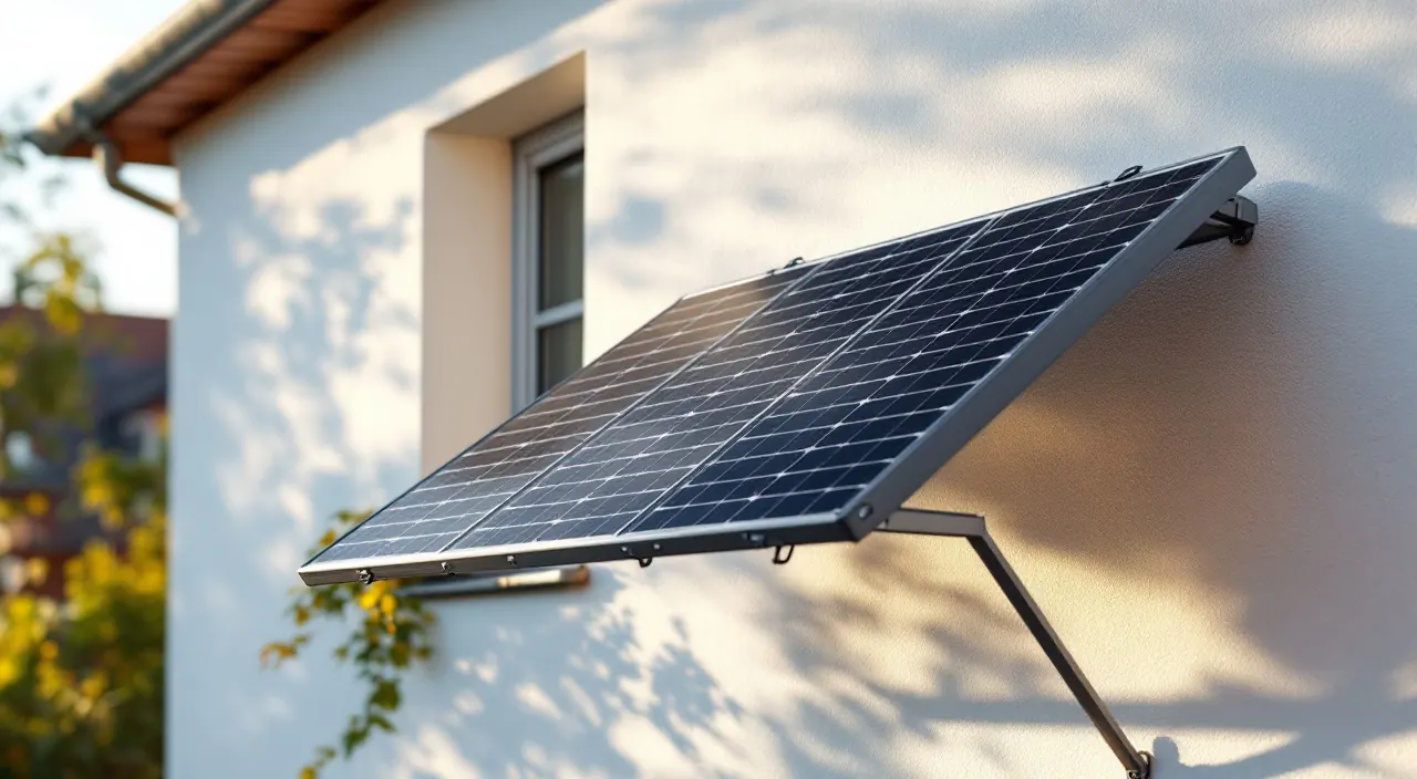 Solarmodul flach an einer hellen Hausfassade montiert, gehalten von schmalen Aluminiumschienen
