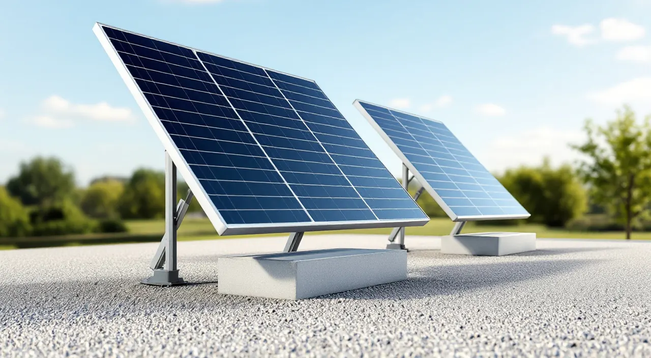 Zwei aufgeständerte Solarmodule auf einem Kiesflachdach, die Gestellfüße mit Betonplatten beschwert