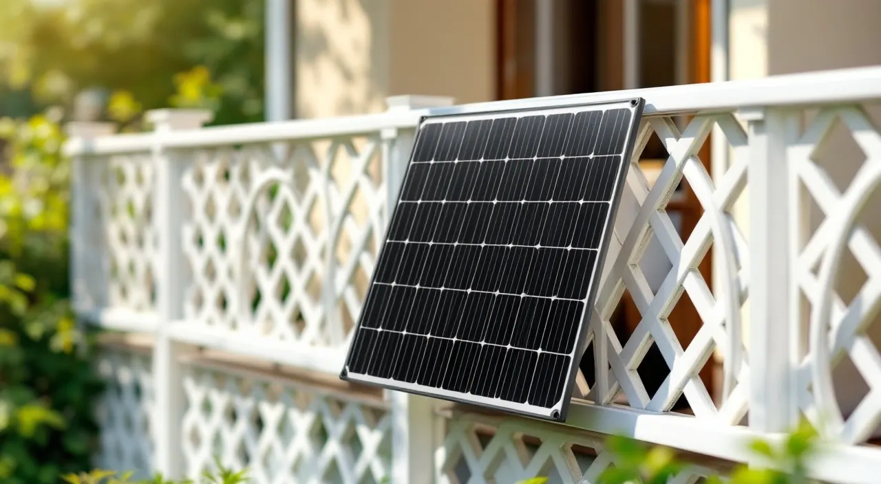 Solarmodul außen an einem weißen Gitterbalkon mit runden Stäben befestigt