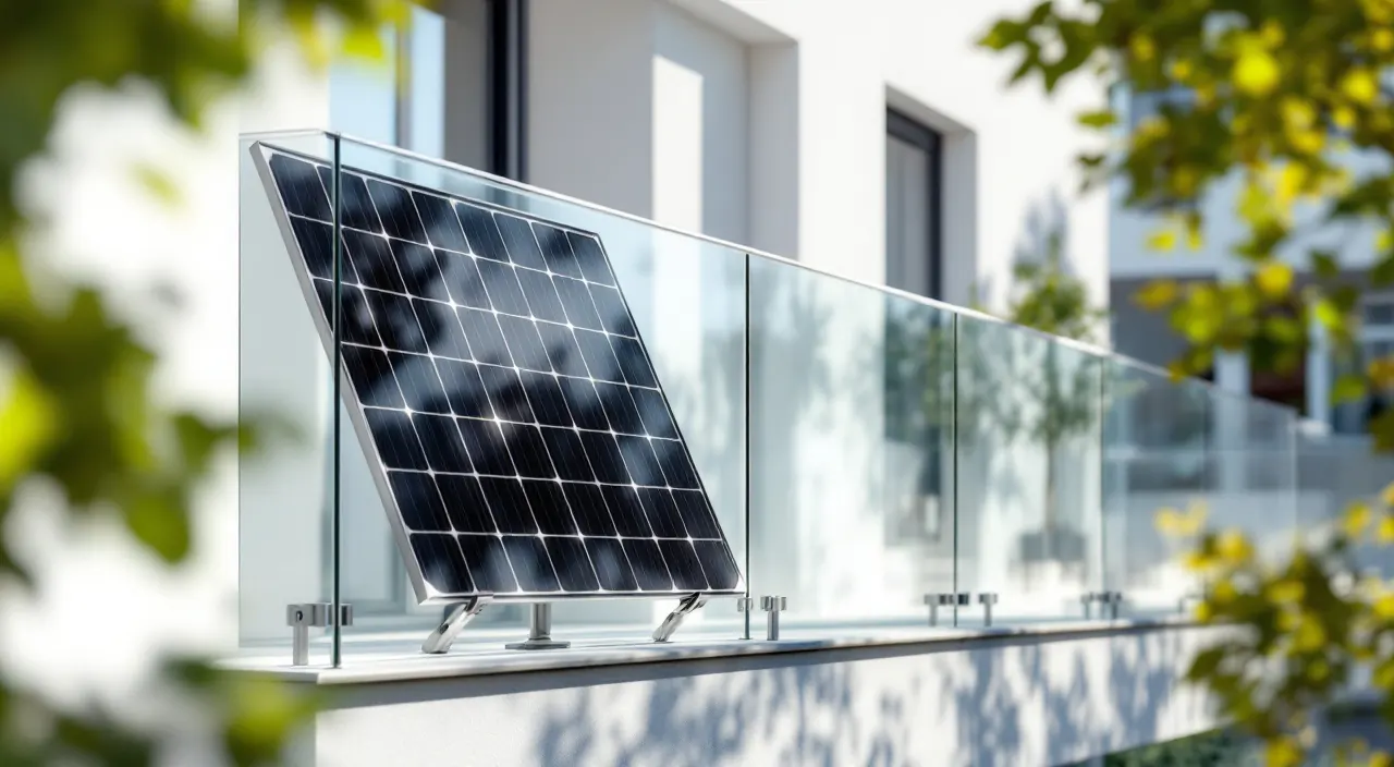 Solarmodul an einer rahmenlosen Glasbrüstung, gehalten von polierten Edelstahlklemmen