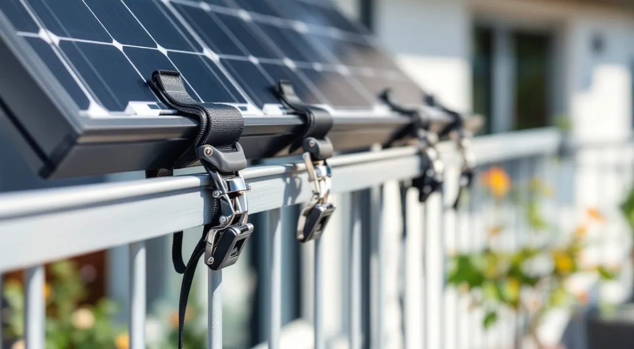Solarmodul mit breiten Spanngurten am Balkongeländer befestigt