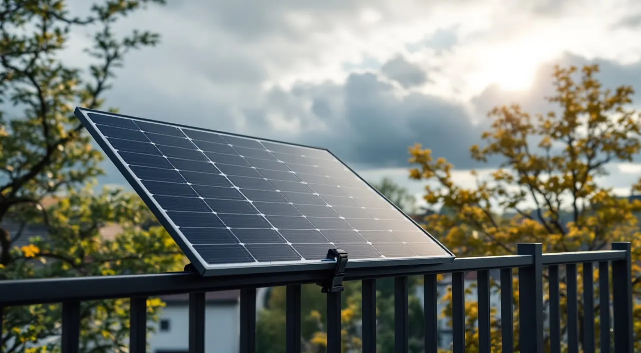 Fest verzurrtes Solarmodul am Balkongeländer unter dunklem Sturmhimmel, im Hintergrund windbewegte Bäume